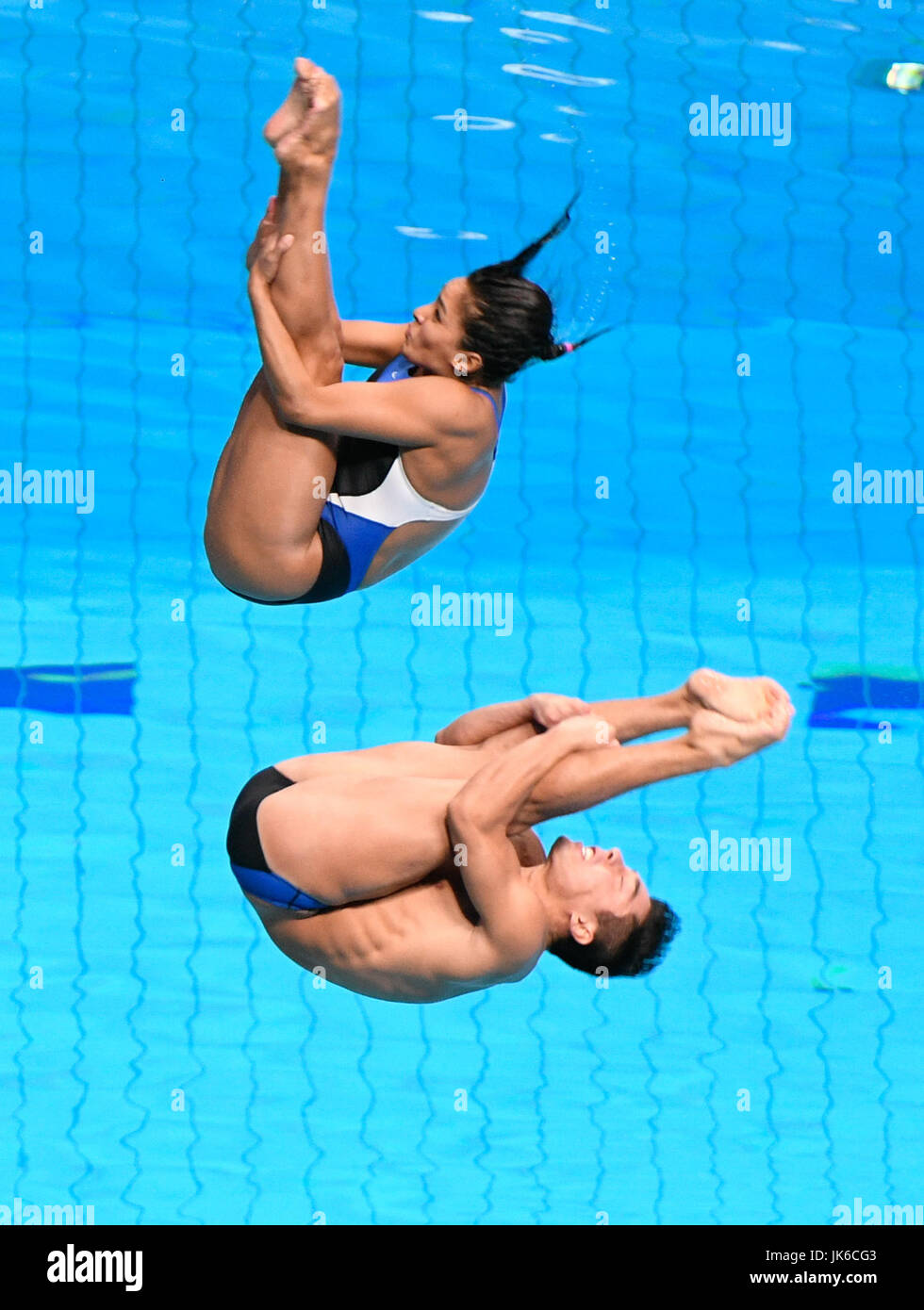Budapest, Hungary. 22nd July, 2017. Mexico's Julian Sanchez and Arantxa Chavez Munoz in action during the 3m springboard synchro mixed of the FINA World Championships 2017 in Budapest, Hungary, 22 July 2017. Photo: Axel Heimken/dpa/Alamy Live News Stock Photo
