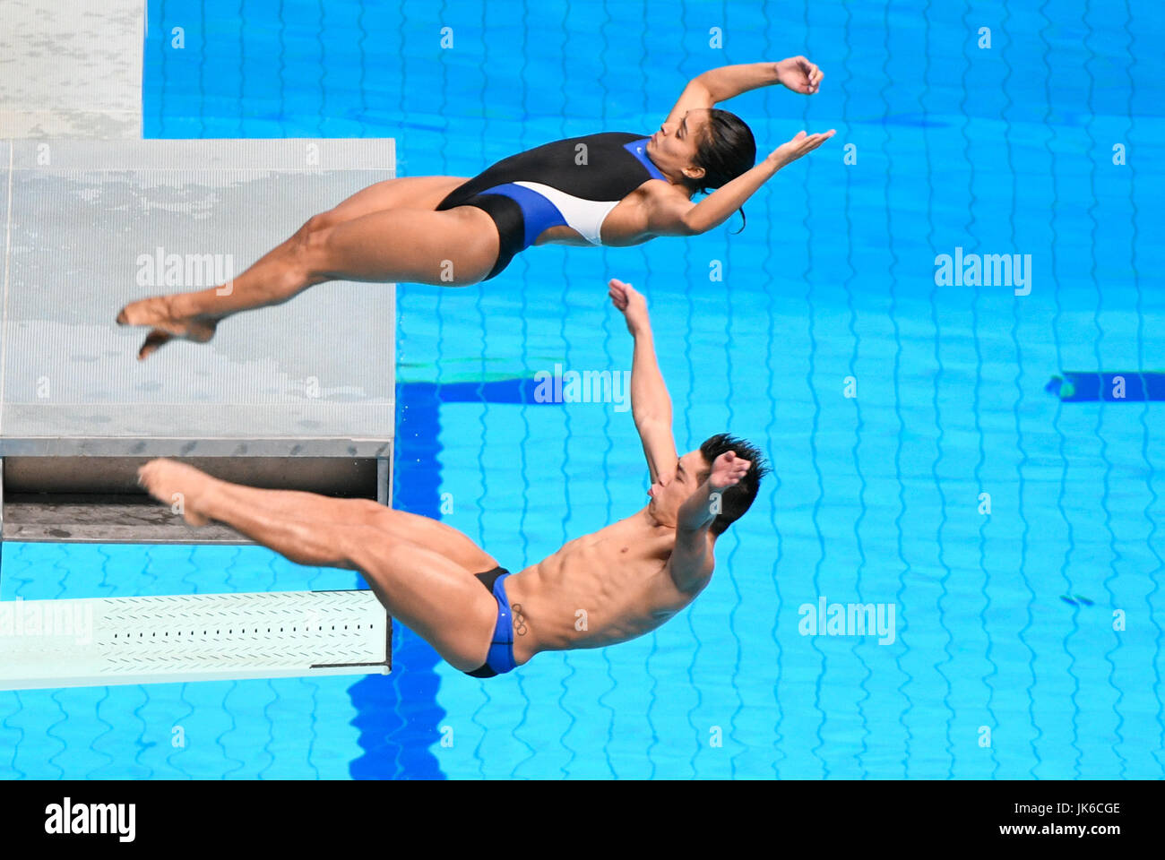 Budapest, Hungary. 22nd July, 2017. Mexico's Julian Sanchez and Arantxa Chavez Munoz in action during the 3m springboard synchro mixed of the FINA World Championships 2017 in Budapest, Hungary, 22 July 2017. Photo: Axel Heimken/dpa/Alamy Live News Stock Photo