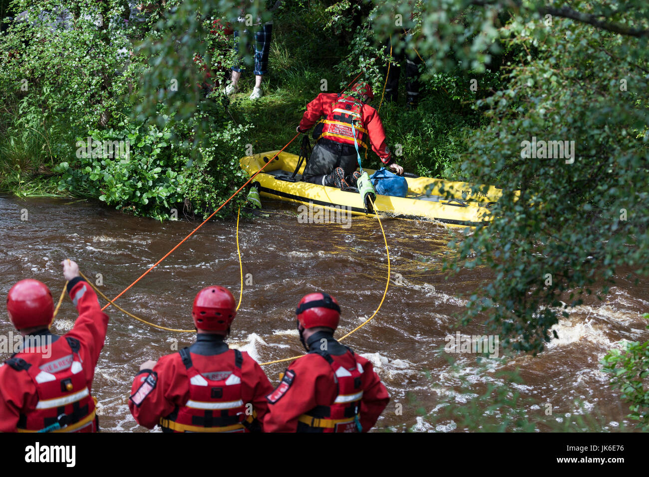 River Tees, Bowlees, Upper Teesdale, County Durham UK.  Saturday 22nd July 2017. UK Weather.  Emergency Services were called out to rescue four people who became trapped on an island in the River Tees this afternoon after torrential rain caused a flash flood which cut them off.  Nobody was hurt in the incident, which lasted approximately 1 hour.  Credit: David Forster/Alamy Live News. Stock Photo