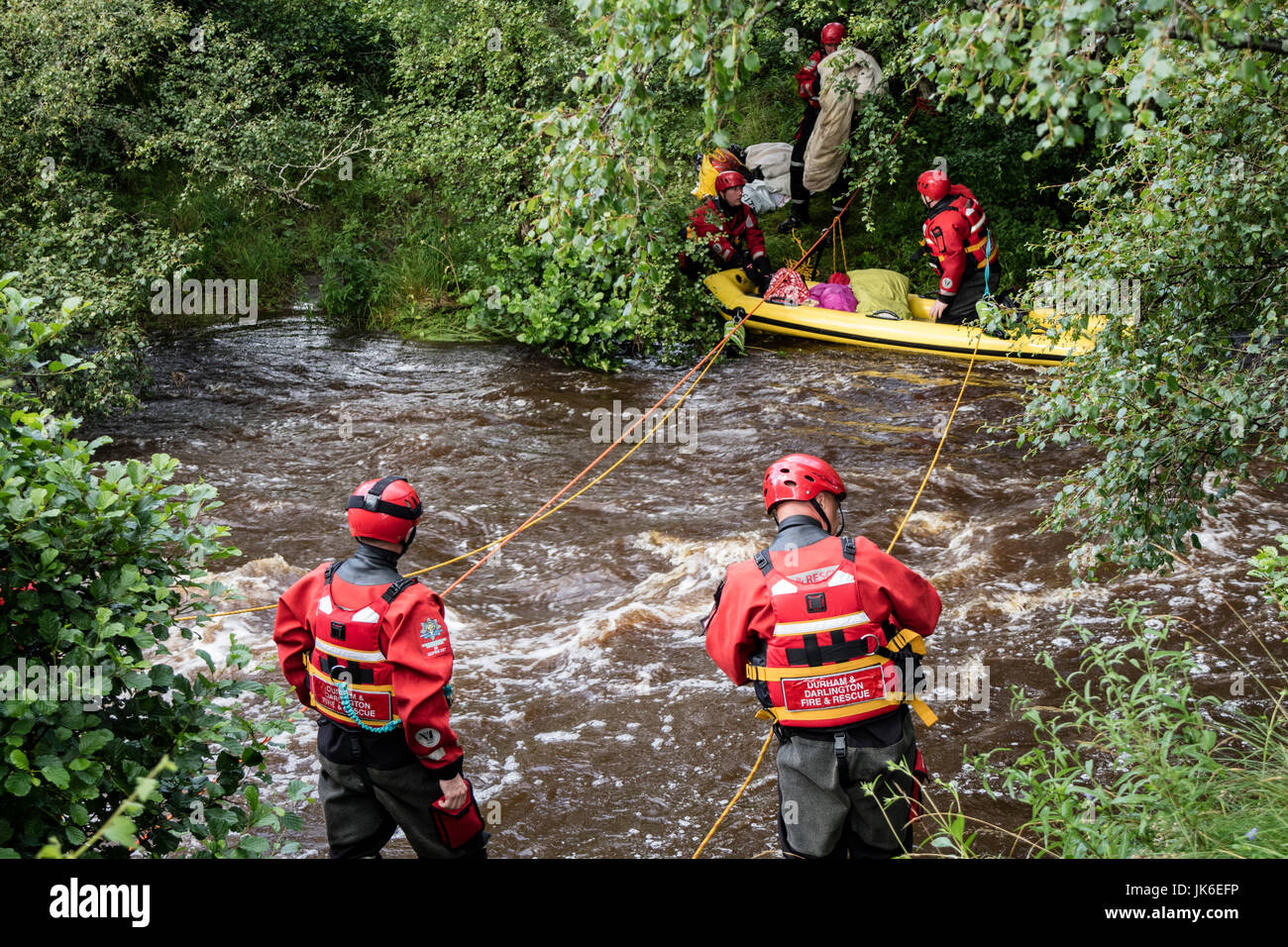 River Tees, Bowlees, Upper Teesdale, County Durham UK.  Saturday 22nd July 2017. UK Weather.  Emergency Services were called out to rescue four people who became trapped on an island in the River Tees this afternoon after torrential rain caused a flash flood which cut them off.  Nobody was hurt in the incident, which lasted approximately 1 hour.  Credit: David Forster/Alamy Live News. Stock Photo