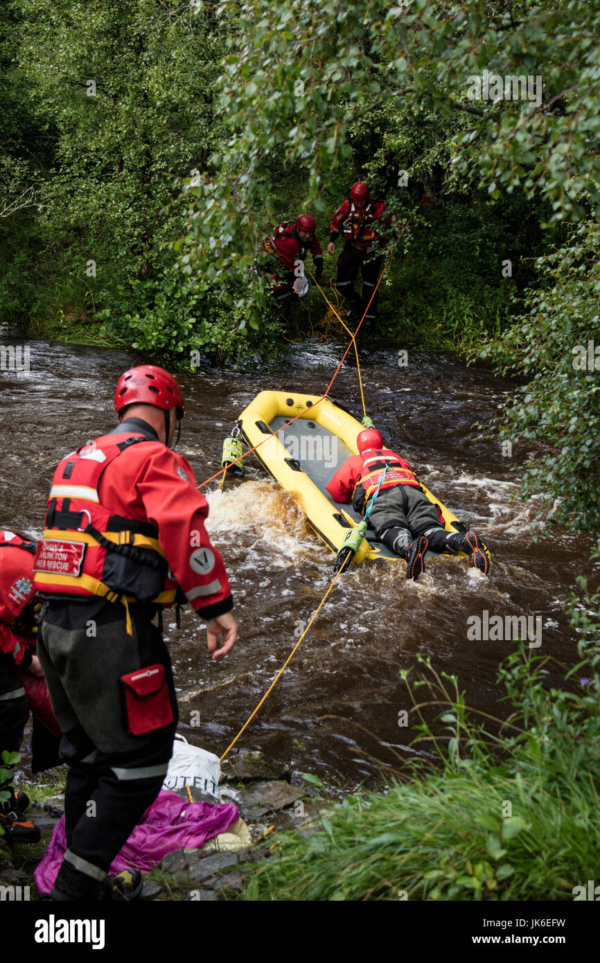 River Tees, Bowlees, Upper Teesdale, County Durham UK.  Saturday 22nd July 2017. UK Weather.  Emergency Services were called out to rescue four people who became trapped on an island in the River Tees this afternoon after torrential rain caused a flash flood which cut them off.  Nobody was hurt in the incident, which lasted approximately 1 hour.  Credit: David Forster/Alamy Live News. Stock Photo