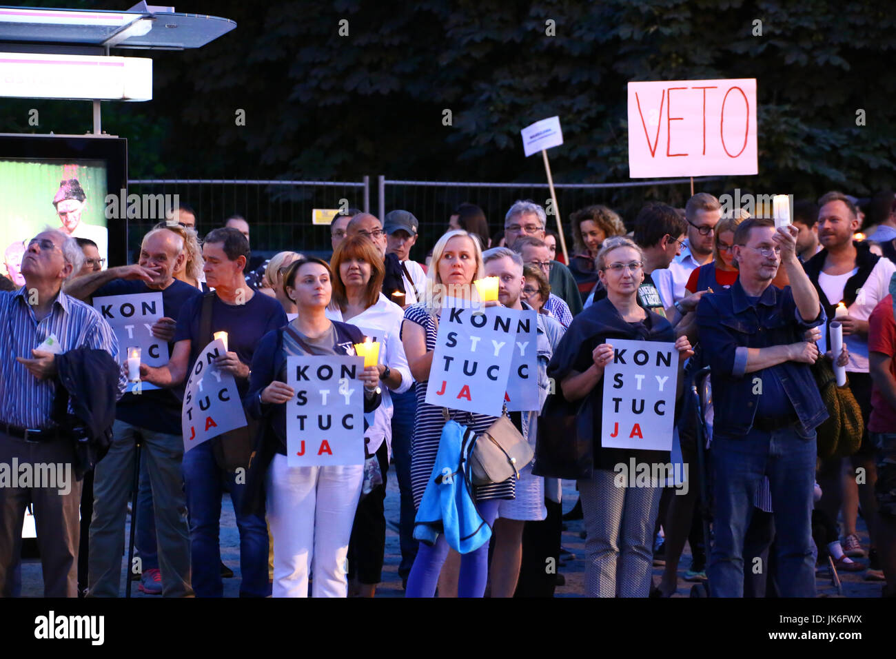 Poland, Warsaw, 22th July, 2017: Mass protest agaist justice reforms hold in front of highest court at Krasinskich Square. Protestors demand for Presidential veto against the new law and court order, lightning up masses of candles. ©Jake Ratz/Alamy Live News Stock Photo