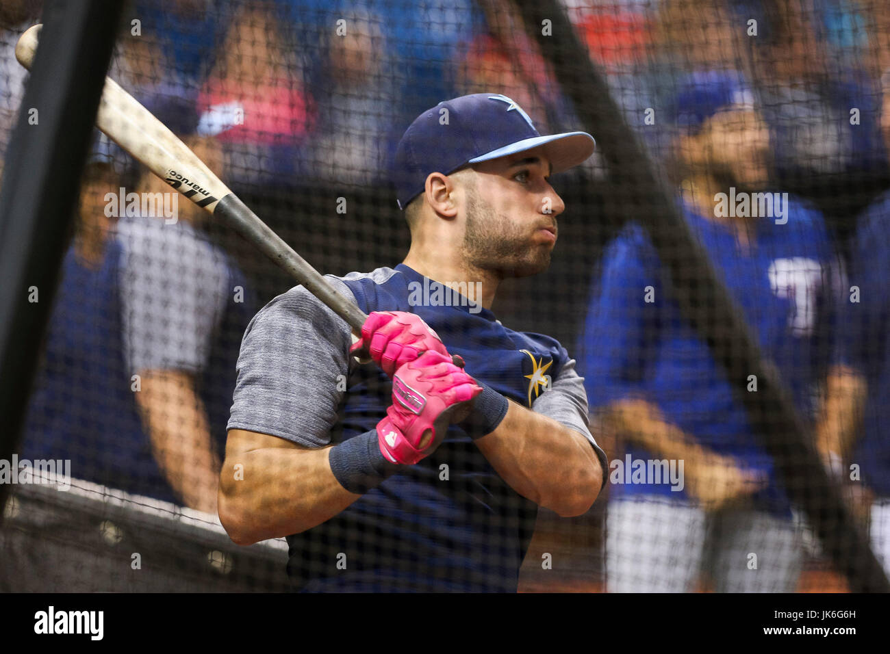 St. Petersburg, Florida, USA. 22nd July, 2017. WILL VRAGOVIC | Times.Tampa Bay Rays center fielder Kevin Kiermaier (39) takes cuts in the cage during batting practice before the game between the Texas Rangers and the Tampa Bay Rays at Tropicana Field in St. Petersburg, Fla. on Saturday, July 22, 2017. Credit: Will Vragovic/Tampa Bay Times/ZUMA Wire/Alamy Live News Stock Photo