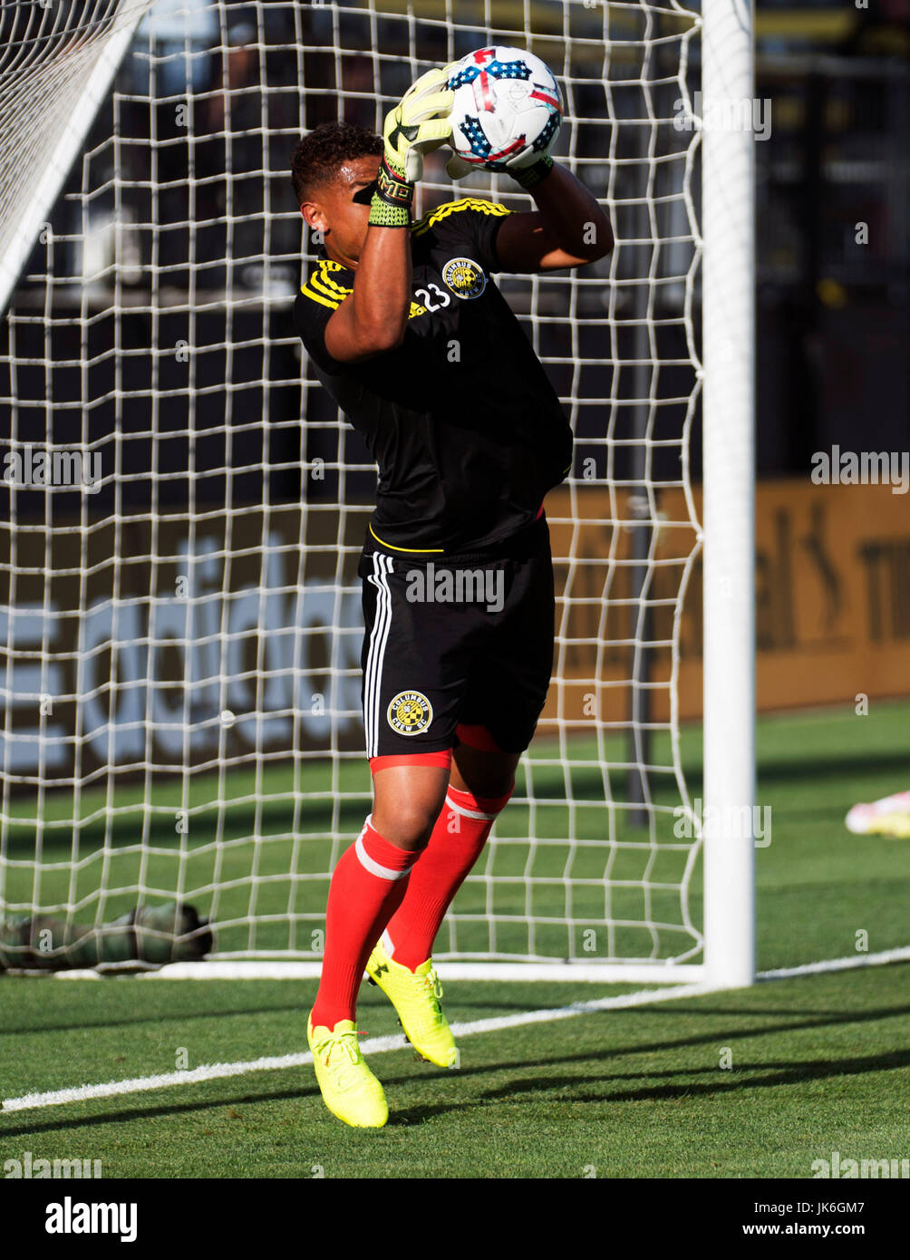 Columbus, Ohio, USA. 22nd July, 2017. Columbus Crew goalkeeper Zack Steffen (23) warms up before facing Philadelphia in their match at Mapfre Stadium in Columbus, Ohio. Columbus, Ohio, USA. Brent Clark/Alamy Live News Stock Photo