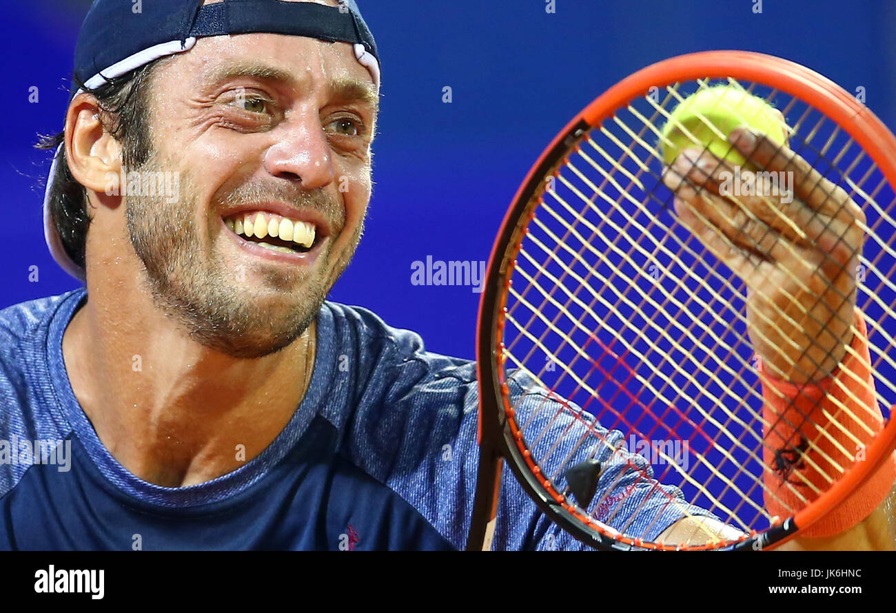 Umag, Croatia. 22nd July, 2017. Paolo Lorenzi of Italy serves during the  men's singles semifinal match against his compatriot Alessandro Giannessi  at the ATP Croatia Open 2017 in Umag, Croatia, on July