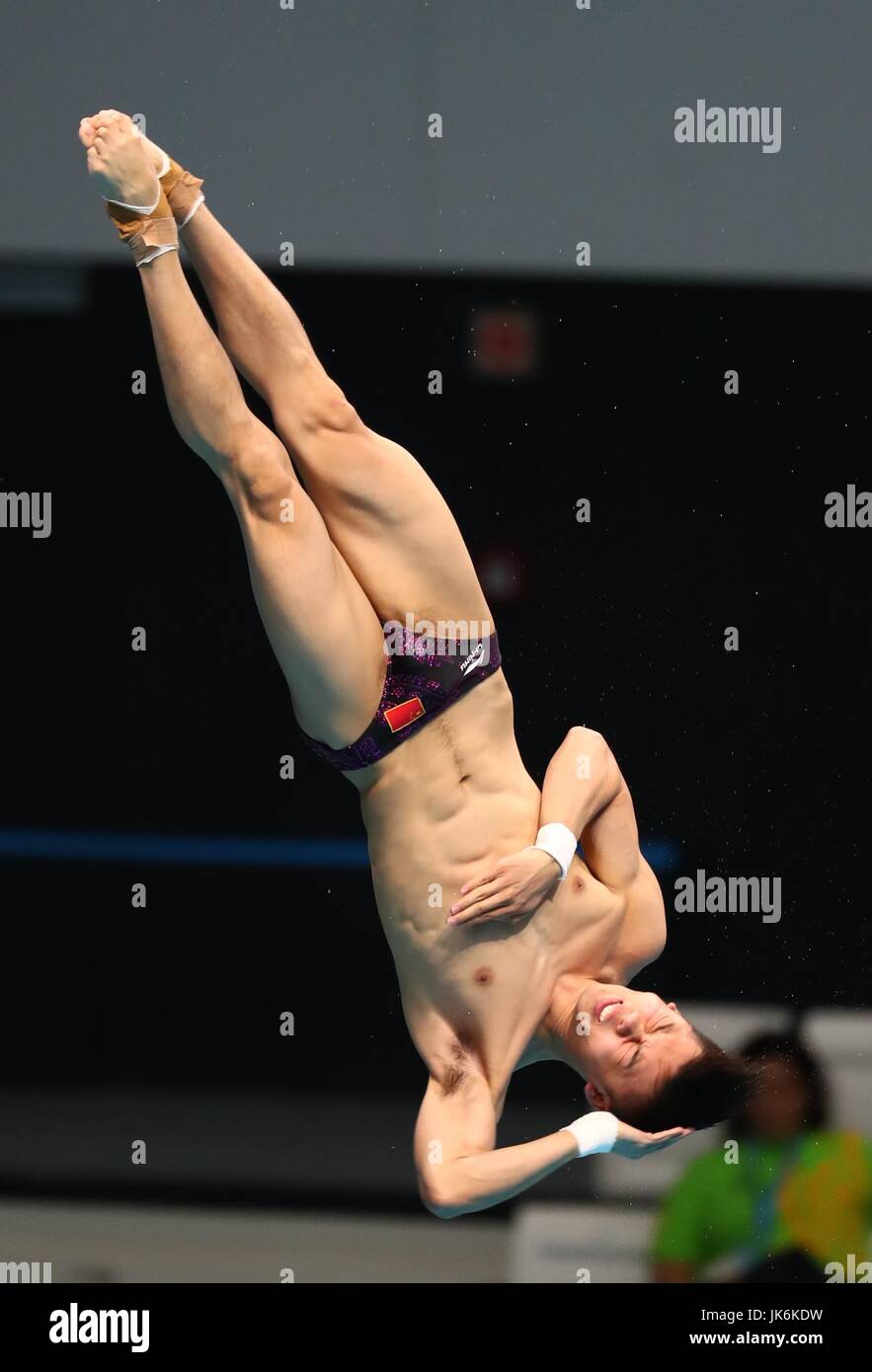 Budapest, Hungary. 22nd July, 2017. China's Chen Aisen competes during the men's 10m platform final of Diving at the 17th FINA World Championships at Duna Arena in Budapest, Hungary, on July 22, 2017. Chen Aisen won the silver medal with 585.25 points. Credit: Gong Bing/Xinhua/Alamy Live News Stock Photo