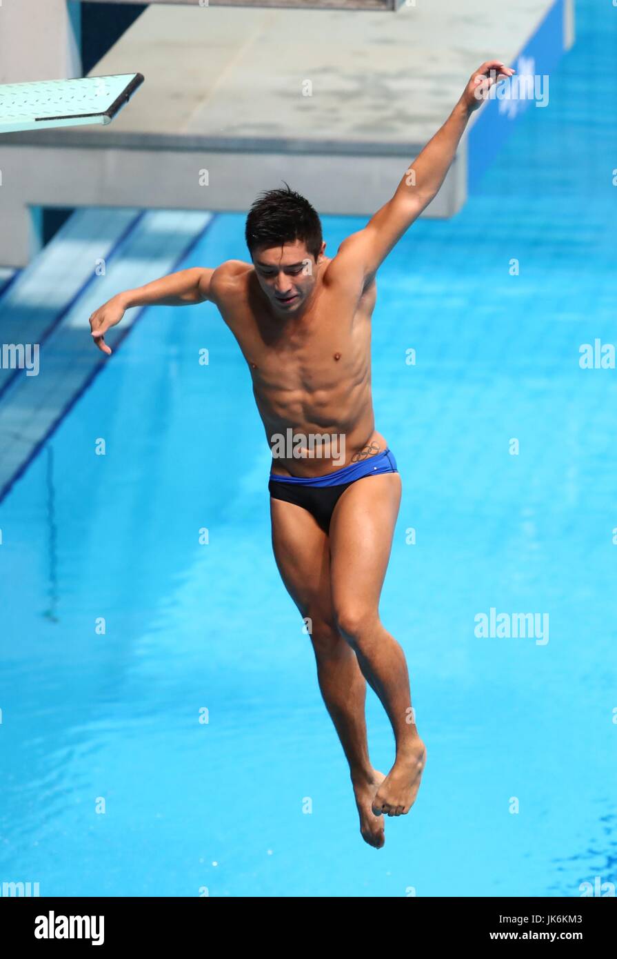 (170723) -- July 23,  2017 (Xinhua) -- Julian Sanchez of Mexico falls from his board accidentally during the Mixed 3m Springboard Synchro final of Diving at the 17th FINA World Championships at Duna Arena in Budapest, Hungary on July 22, 2017. Arantxa Chavez Munoz and Julian Sanchez of Mexico placed 13th with 223.80 points. (Xinhua/Gong Bing) Stock Photo