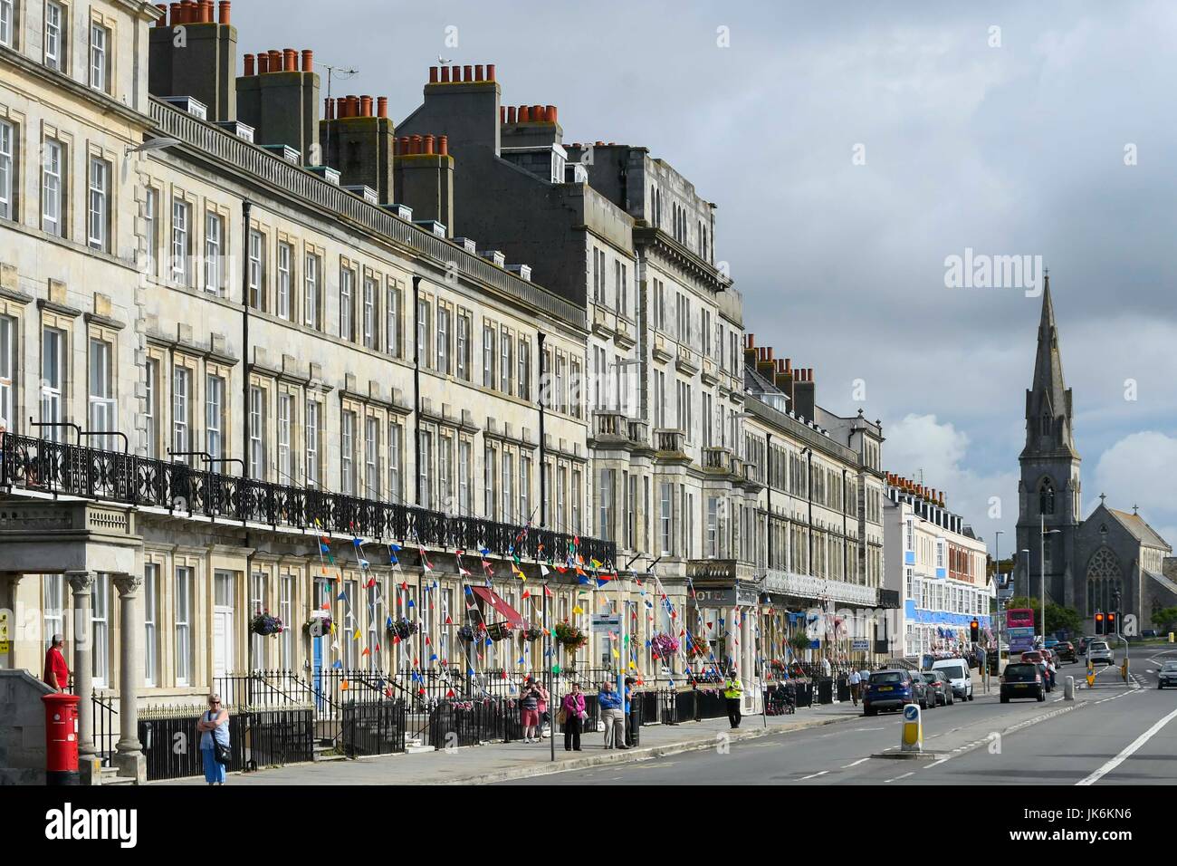 Weymouth, Dorset, UK.  23rd July 2017.   UK Weather. The Esplanade on a morning of warm sunshine at the seaside resort of Weymouth in Dorset.  Photo Credit: Graham Hunt/Alamy Live News Stock Photo