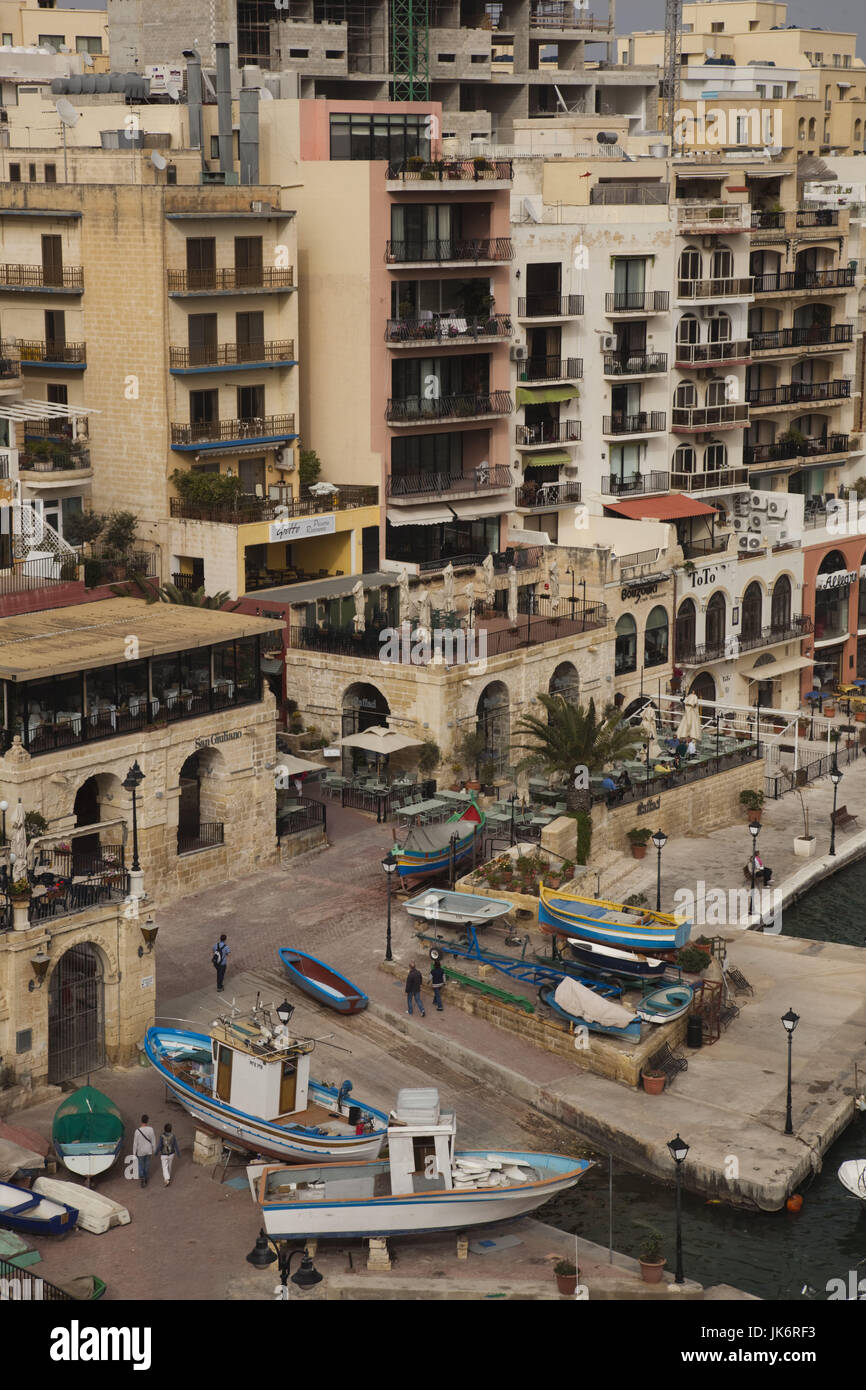 Malta, Valletta, St. Julian's, cafes on Spinola Bay, high angle view, daytime Stock Photo