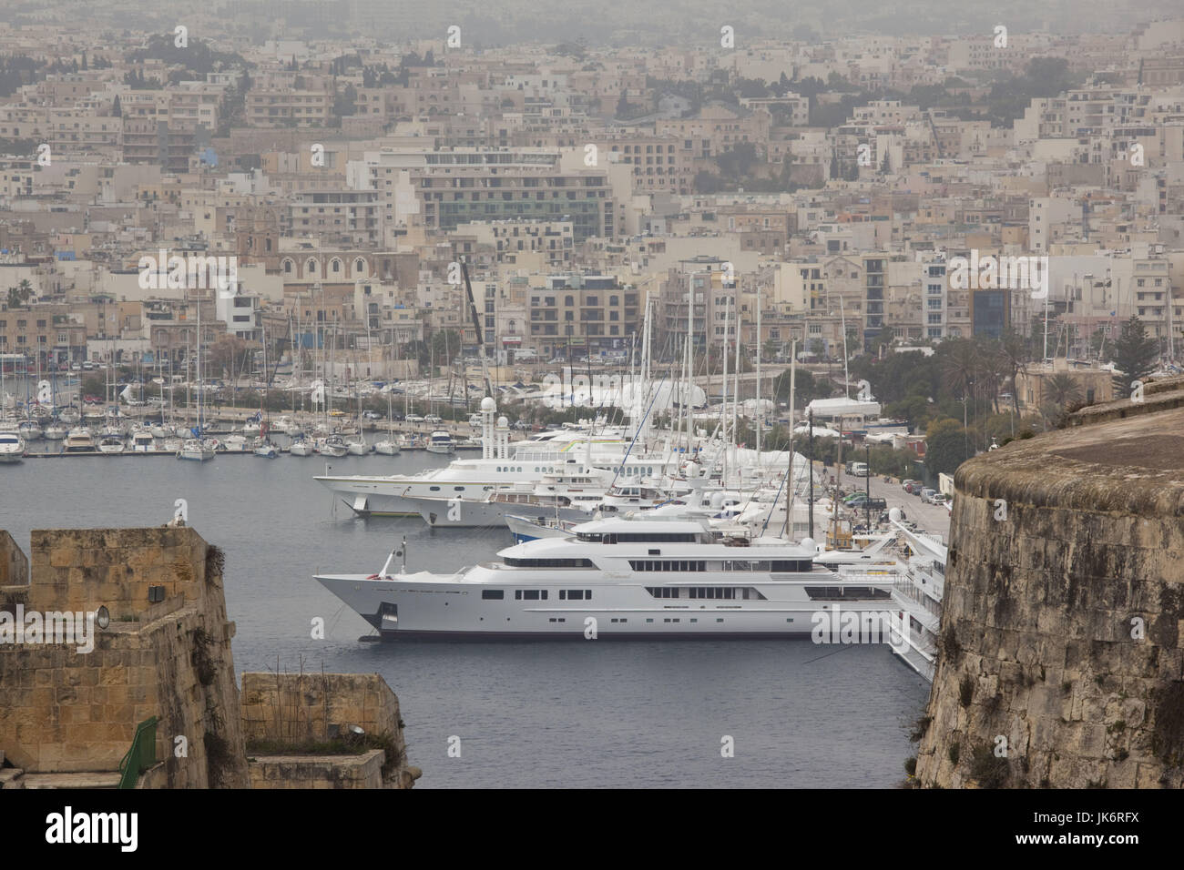 Malta, Valletta, Ta'Xbiex, Lazaretto Creek yacht basin, seen from St. Michael's Bastion, elevated view Stock Photo