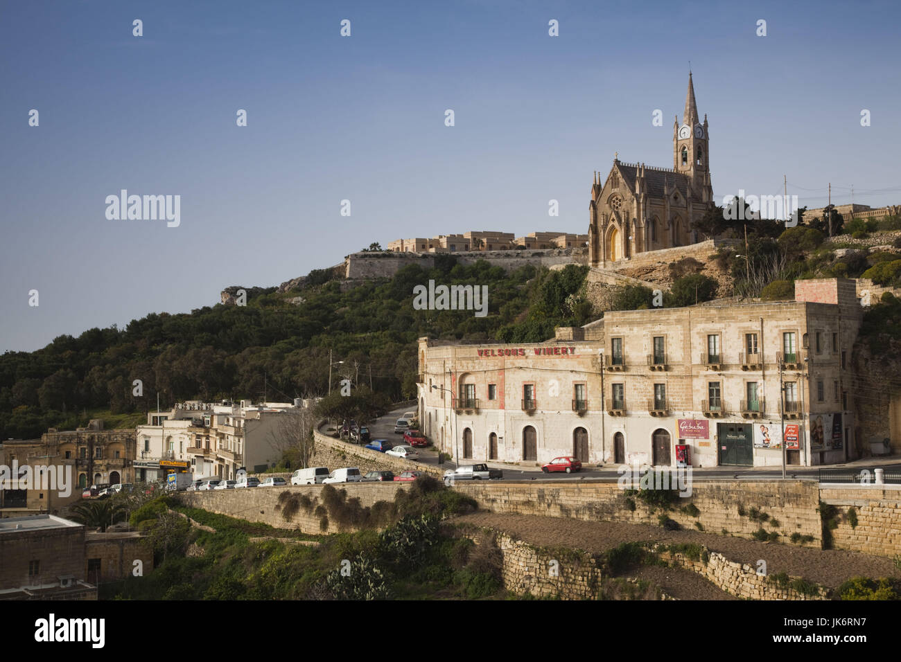 Malta, Gozo Island, Mgarr, Church of Our Lady of Lourdes, above the harbor, morning Stock Photo