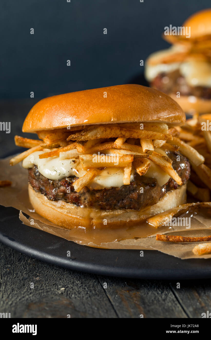 Homemade Poutine Hamburger with Fries Gravy and Cheese Curds Stock