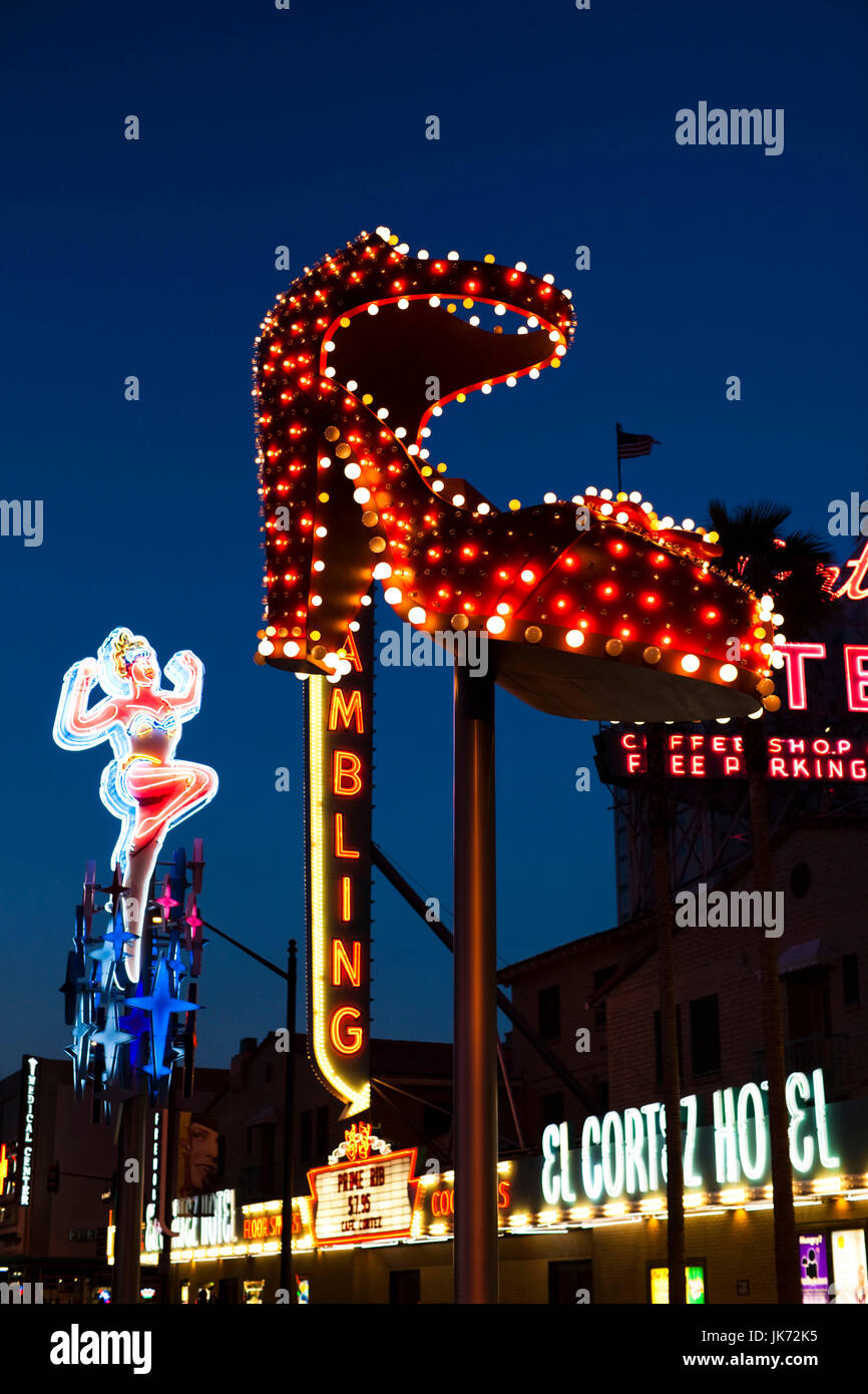 USA, Nevada, Las Vegas, Downtown, Fremont Street East, old neon signs, evening Stock Photo