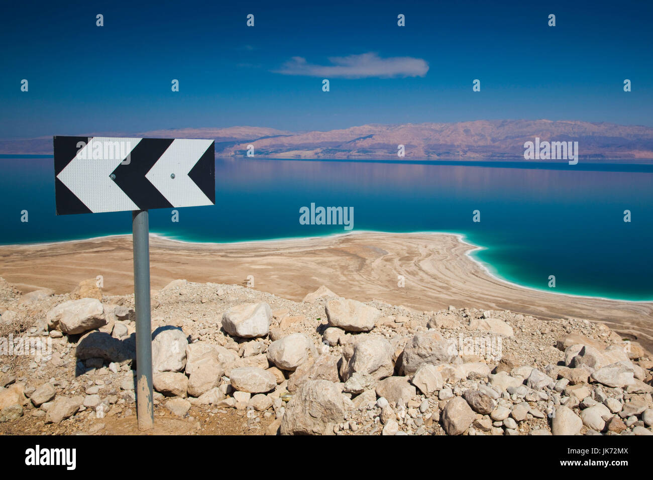 Israel, Dead Sea, Metzoke Dragot, Dead Sea and road sign Stock Photo ...