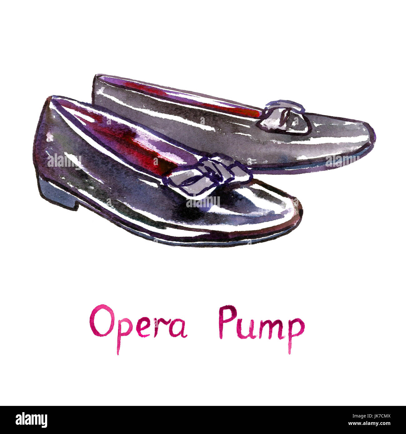 Black leather opera pump shoes with bow, isolated with inscription