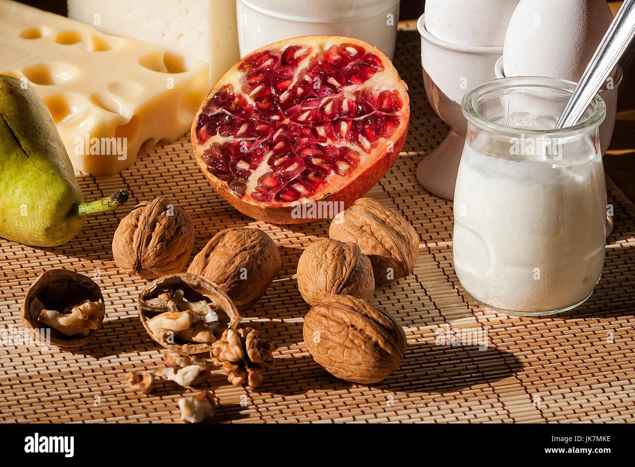 Breakfast with mediterranean food, fruits and dairy products Stock Photo