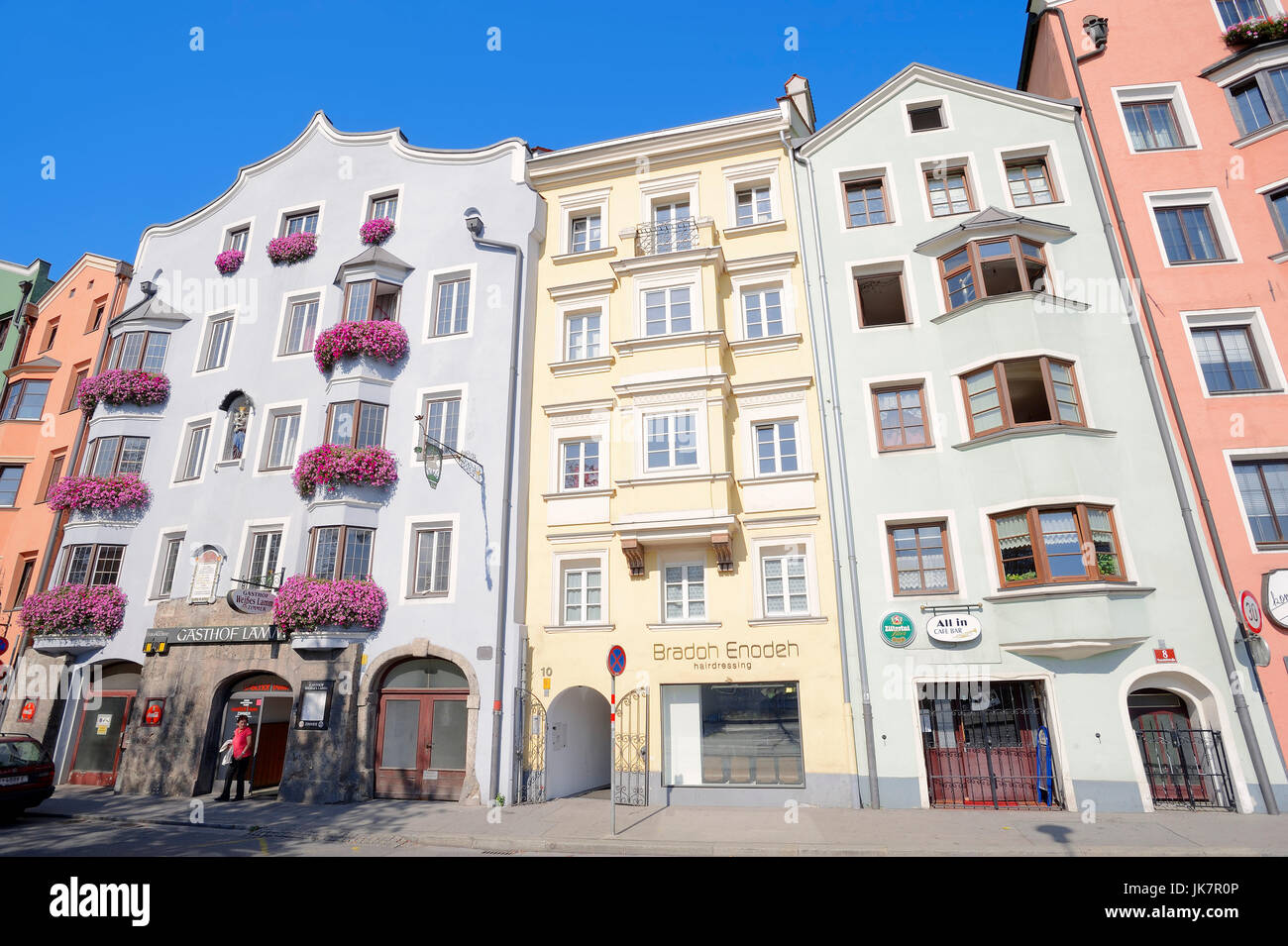 Row of houses, Mariahilf street, Innsbruck, Tyrol, Austria | Haeuserreihe, Mariahilf-Strasse, Innsbruck, Tirol, Oesterreich / Stadtteil Mariahilf Stock Photo