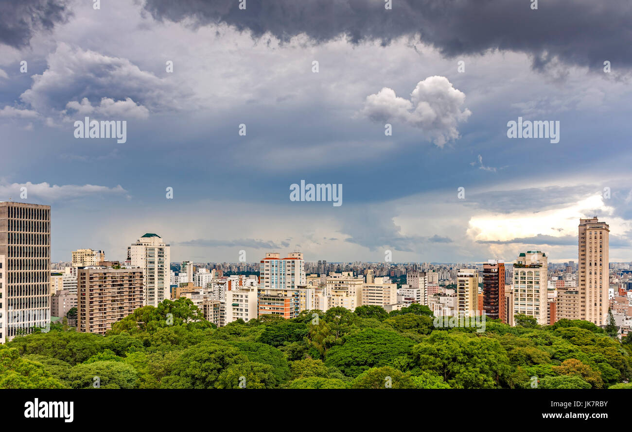 View of buildings, skyline and Parthenon park in Sao Paulo from Avenida Paulista on a day with lots of clouds Stock Photo