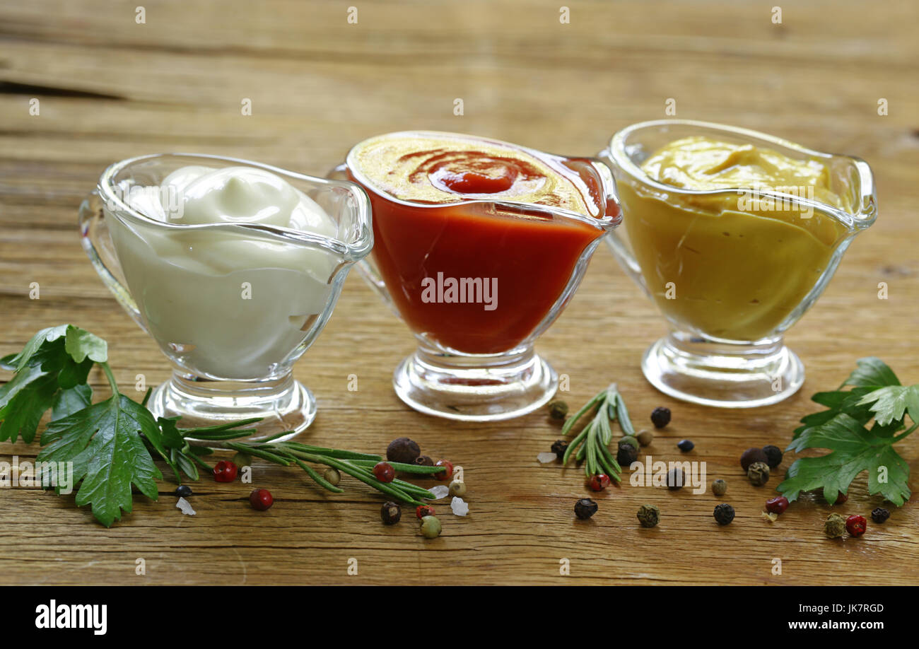 Different types of sauces in glass gravies Stock Photo Alamy