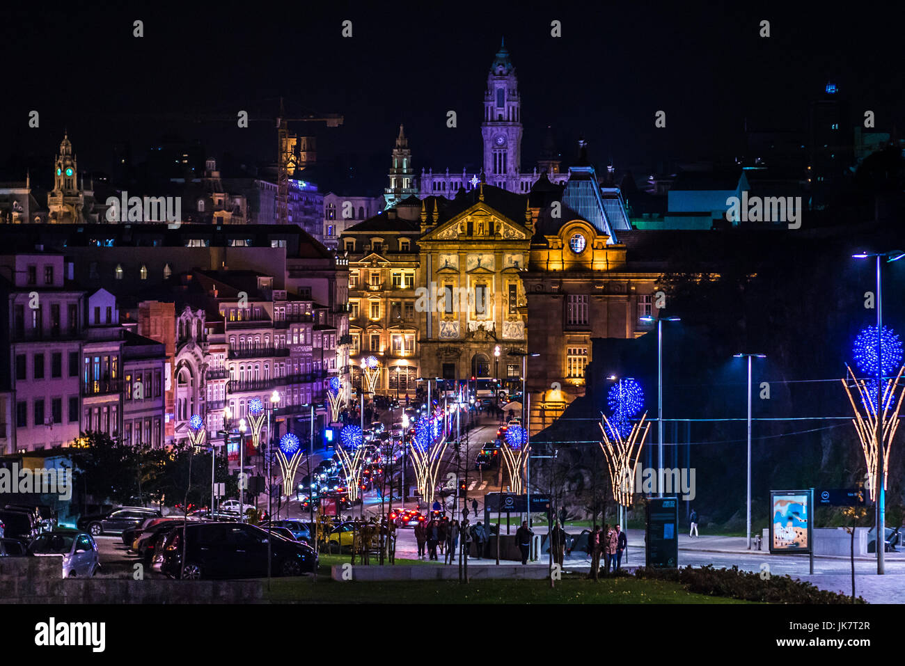 Night view in Porto city, Portugal. Clerigos Tower on background Stock Photo