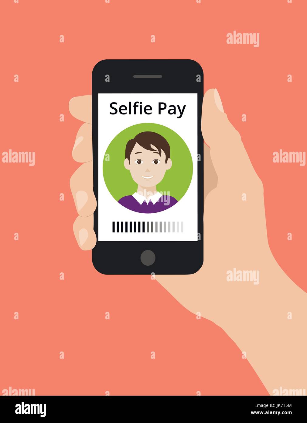 Modern flat design illustration, hand hold smart phone, selfie pay concept. Selfie pay is a money transfer method with smart phone Stock Vector