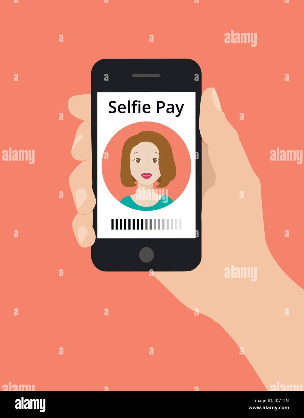 Modern flat design illustration, hand hold smart phone, selfie pay concept. Selfie pay is a money transfer method with smart phone Stock Vector