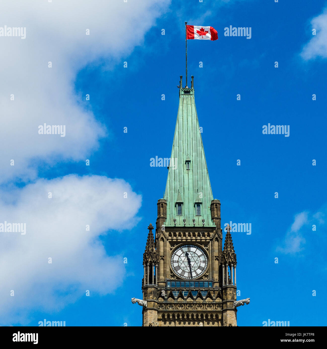 Canada flag flying high on the Peace Tower of the Parliament Buildings, Ottawa, Canada Stock Photo