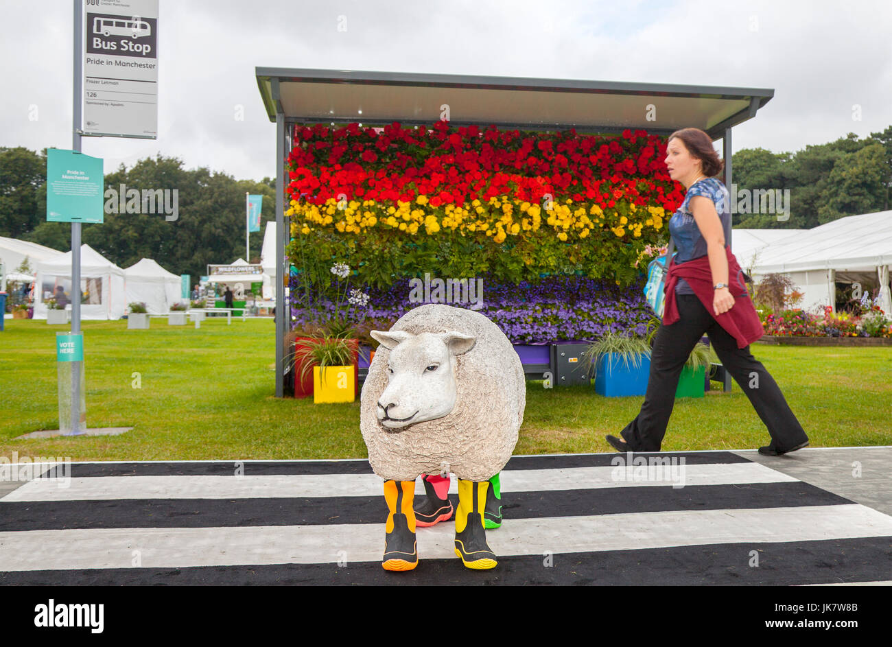 People, animals, flowers & plants growing in decorated garden Bus shelters, bus stop, waiting shelters, adapted for Floral displays; The Boulevard at the RHS Flower Show Tatton Park,, Knutsford, Cheshire, UK Stock Photo