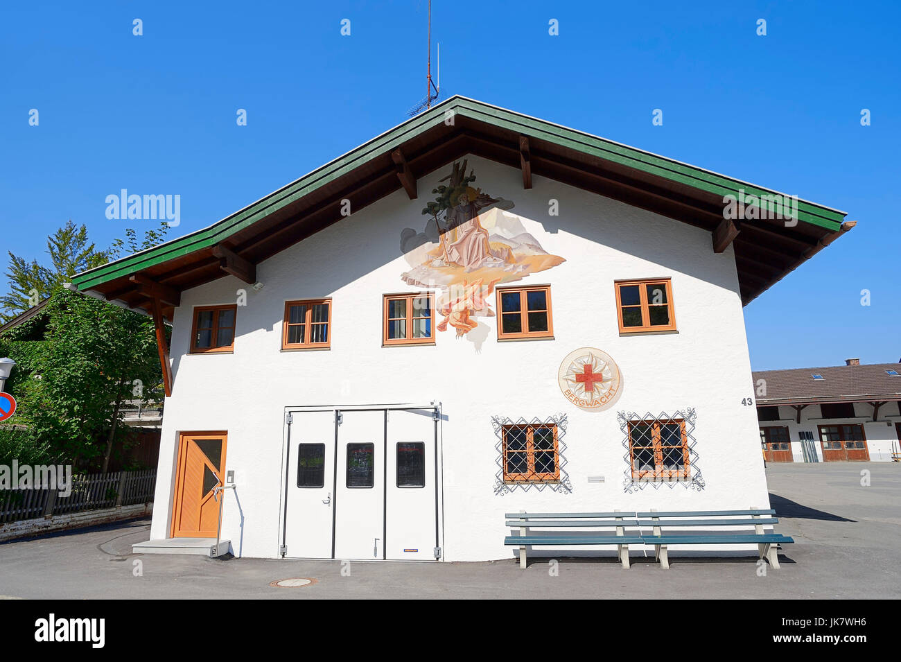 Building of the mountain rescue service with paintings, Mittenwald, Werdenfelser Land, Bavaria, Germany Stock Photo