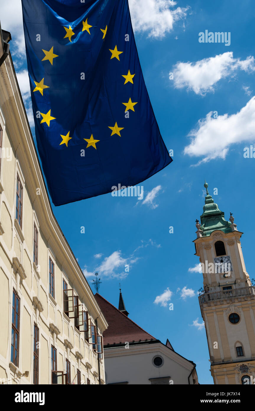 Main Square and European flag, Bratislava, Slovakia Stock Photo