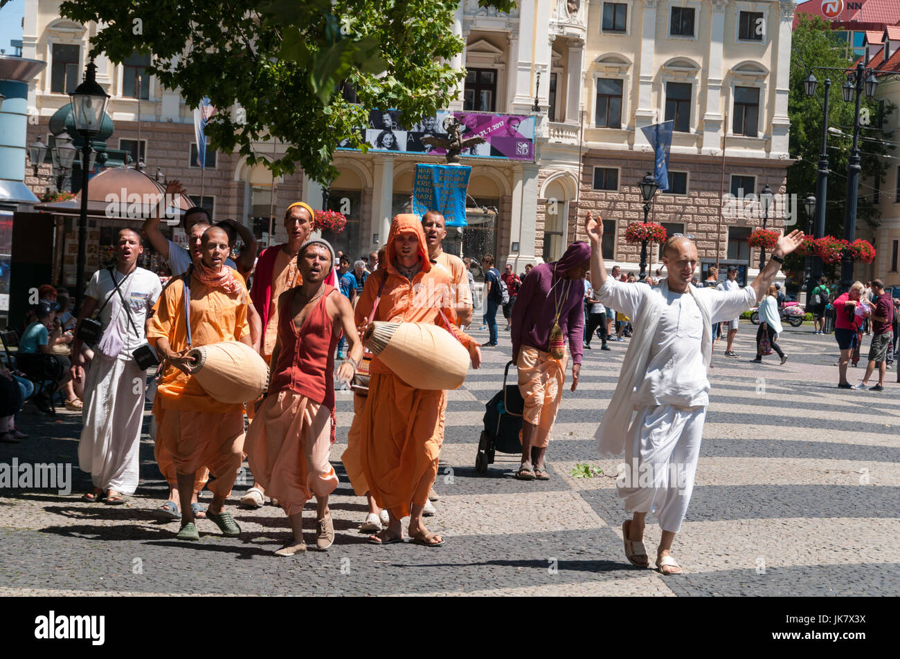 Hare Krishna followers walking in Bratislava, Slovakia Stock Photo