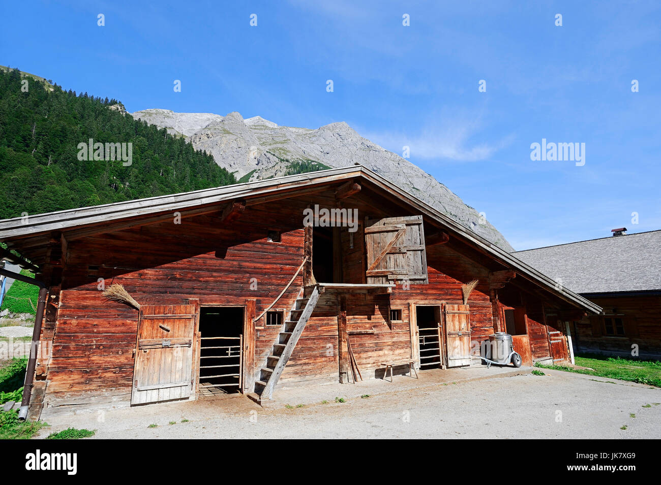 Alpine hut, Grosser Ahornboden, Karwendel park, Eng valley, Tyrol, Austria Stock Photo