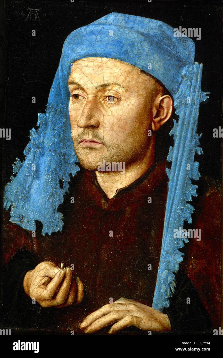 Jan van Eyck, Man in a Blue Cap / Man with a Ring. Circa 1430. Oil on panel. Brukenthal National Museum, Sibiu, Romania. Stock Photo