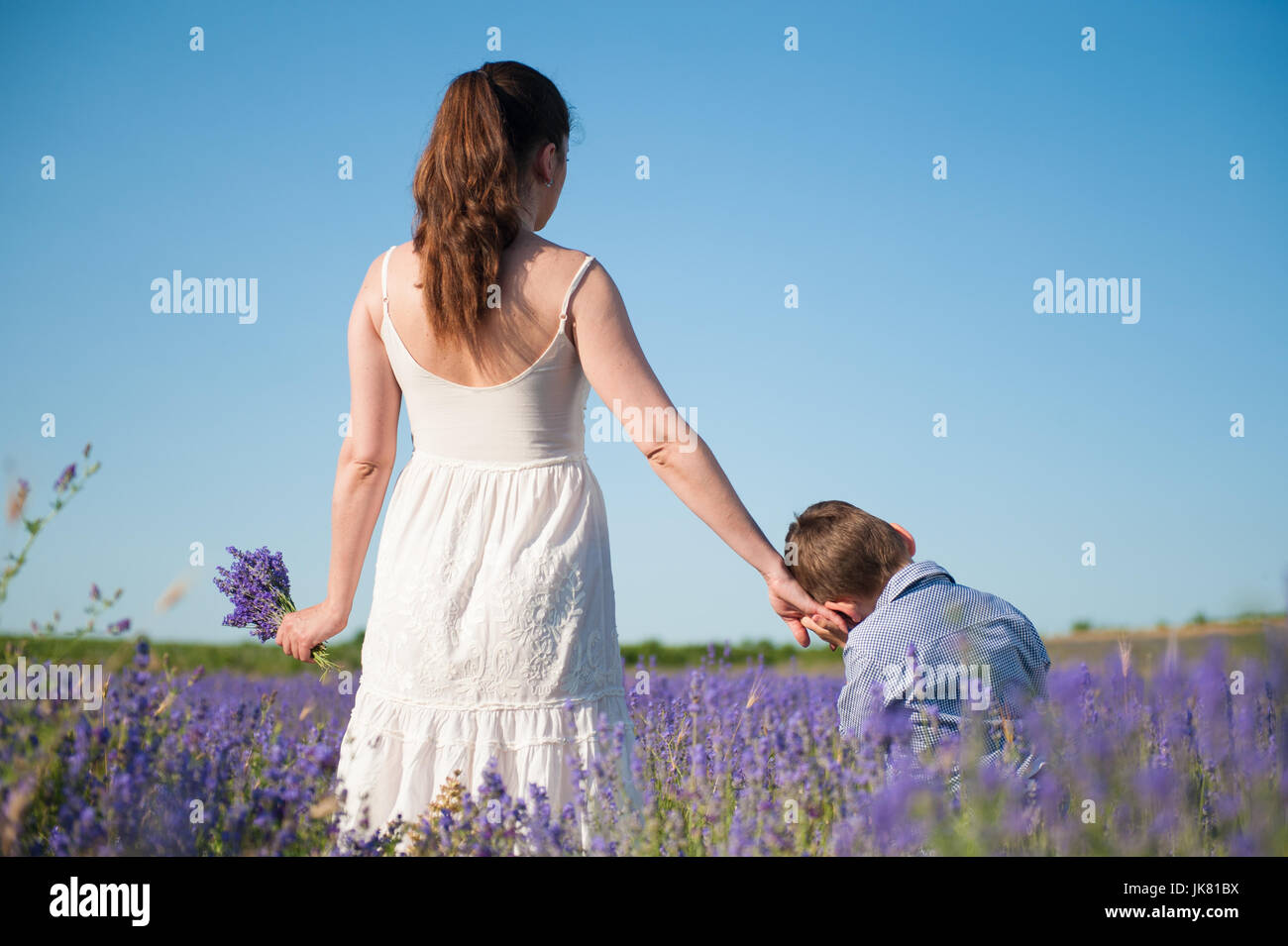 child pressed his head to his mother's hand with love on the flower field in summer Stock Photo