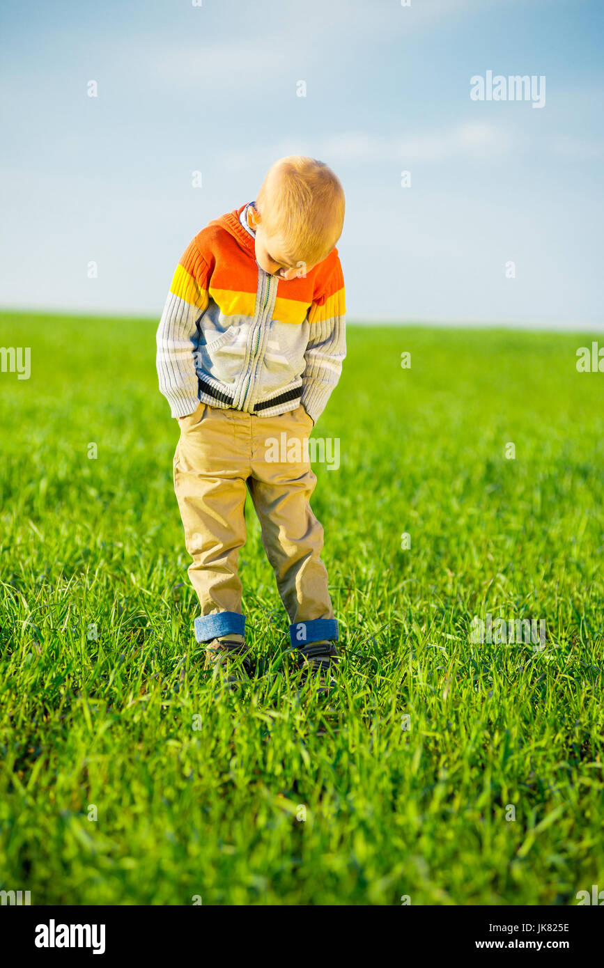 Portrait of happy joyful beautiful little boy outdoor at countryside. Pointing concept. Stock Photo