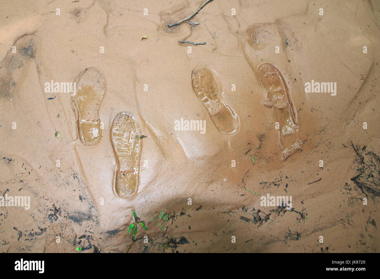 Schuh Fuß Spuren, Abdruck im Sand, im Schlick, Morast Stock Photo