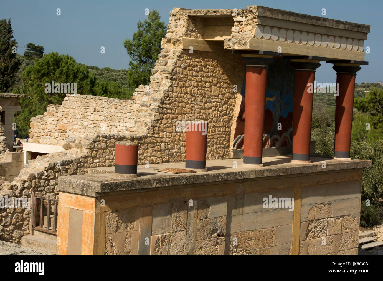 The northern entrance of the Palace of Knossos with the charging bull frescoe.This palace was the centre of the Minoan civilization and culture. Stock Photo