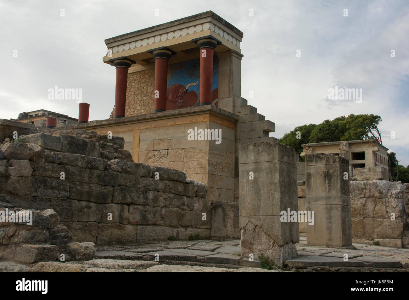 The northern entrance of the Palace of Knossos with the charging bull frescoe.This palace was the centre of the Minoan civilization and culture. Stock Photo