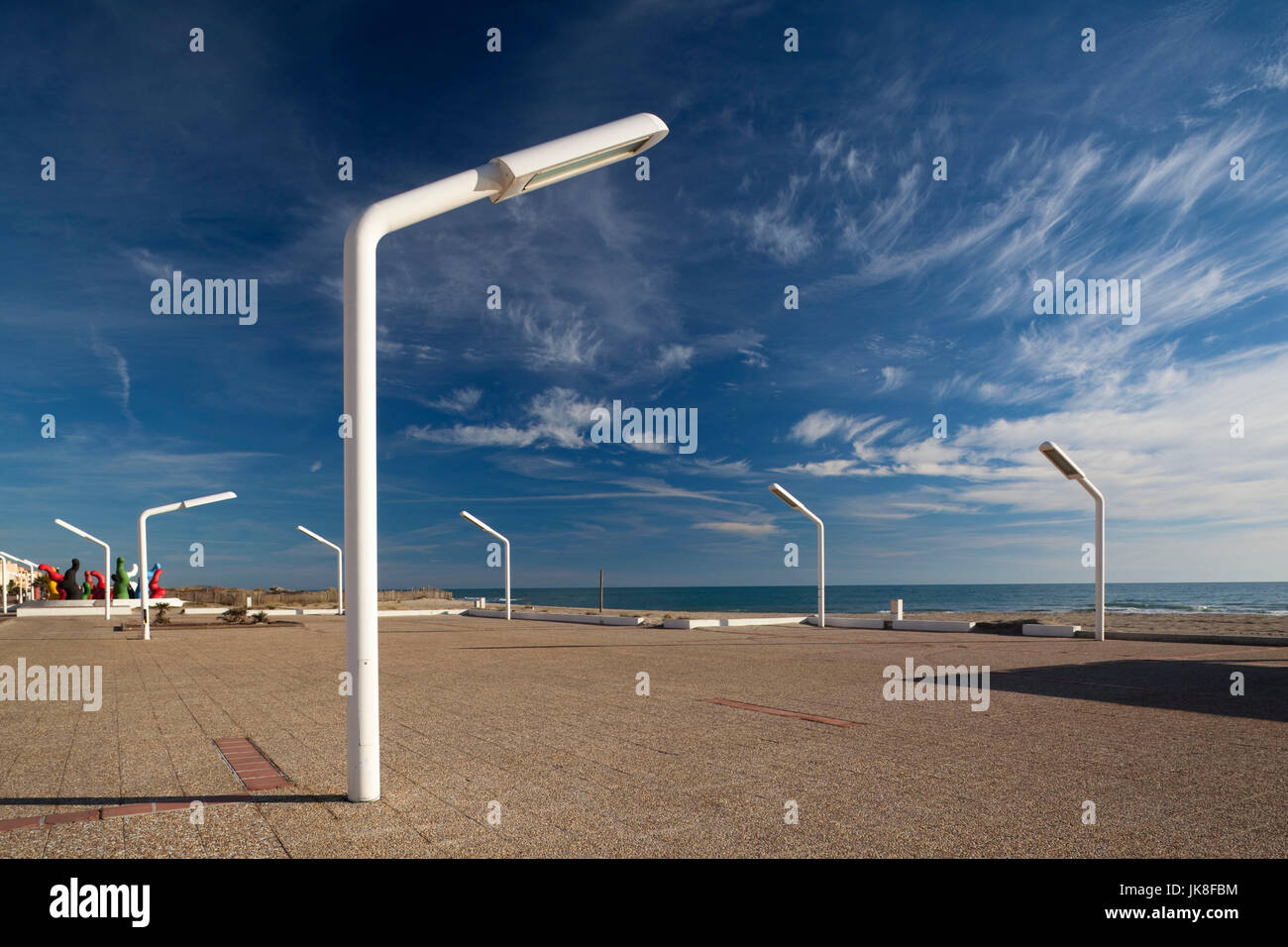 France, Languedoc-Roussillon, Pyrenees-Orientales Department, Port-Barcares, beachfront lights Stock Photo