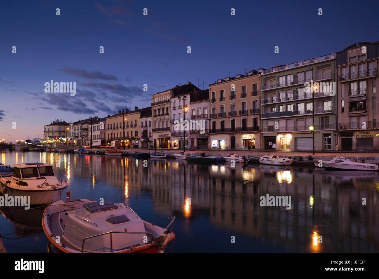 France, Languedoc-Roussillon, Herault Department, Sete, Old Port waterfront, dawn Stock Photo