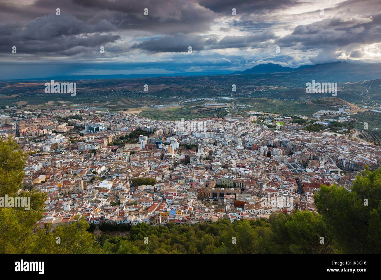 Spain, Andalucia Region, Jaen Province, Jaen, elevated city view from the Cerro de Santa Catalina hill, morning Stock Photo