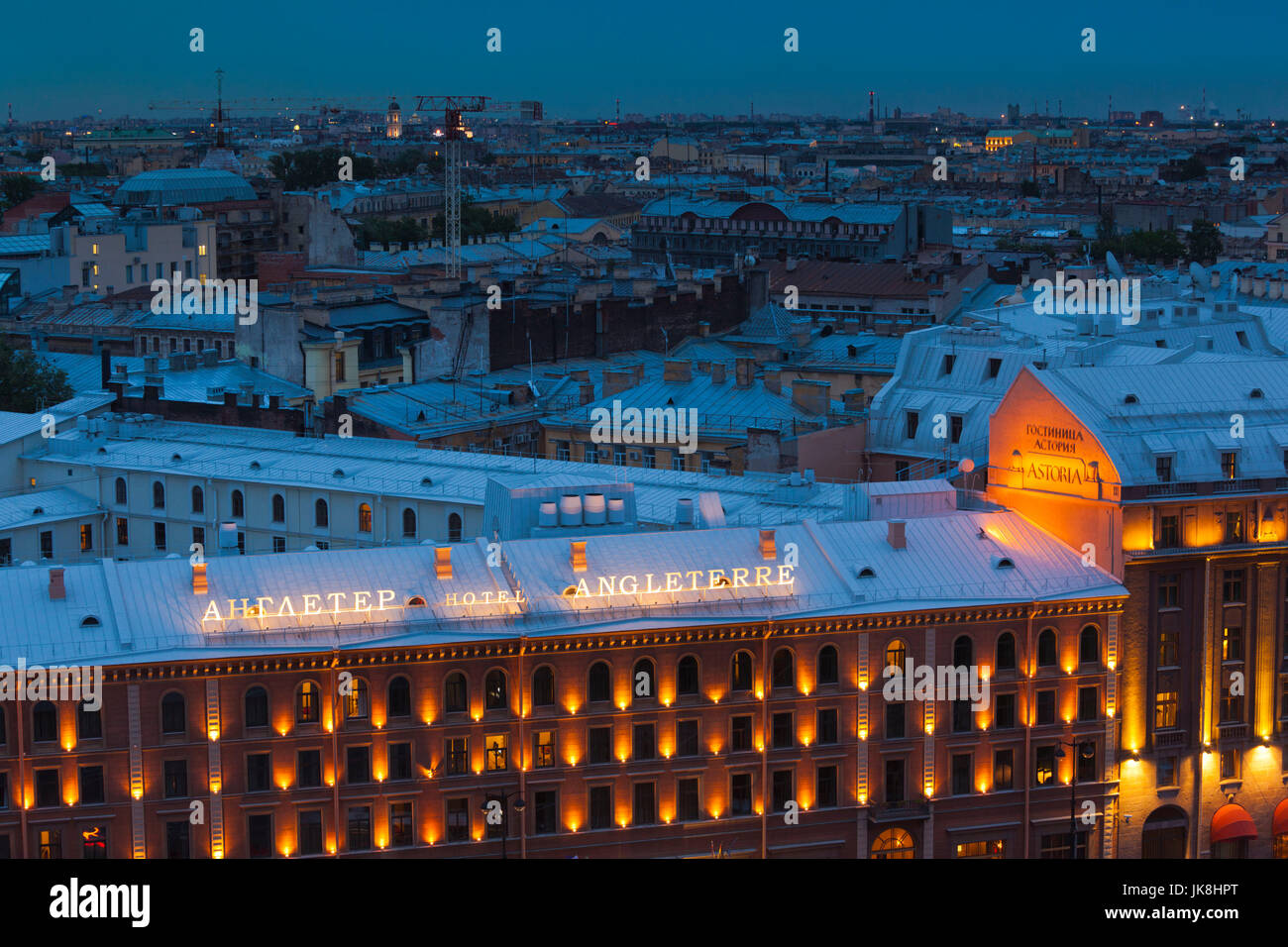 Russia, Saint Petersburg, Center, elevated view of the Hotel Angleterre from Saint Isaac Cathedral, evening Stock Photo