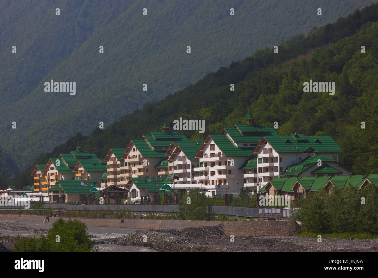 Russia, Caucasus Mountains, Sochi Area, Krasnaya Polyana, Gazprom Ski Resort, Grand Hotel Polyana, exterior, summer Stock Photo