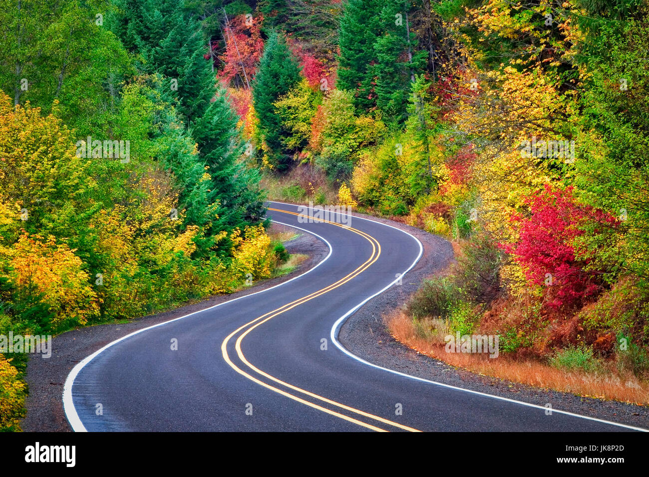 Prospect Butte Falls Hwy. with fall color.  Rogue River National Forest, Oregon Stock Photo