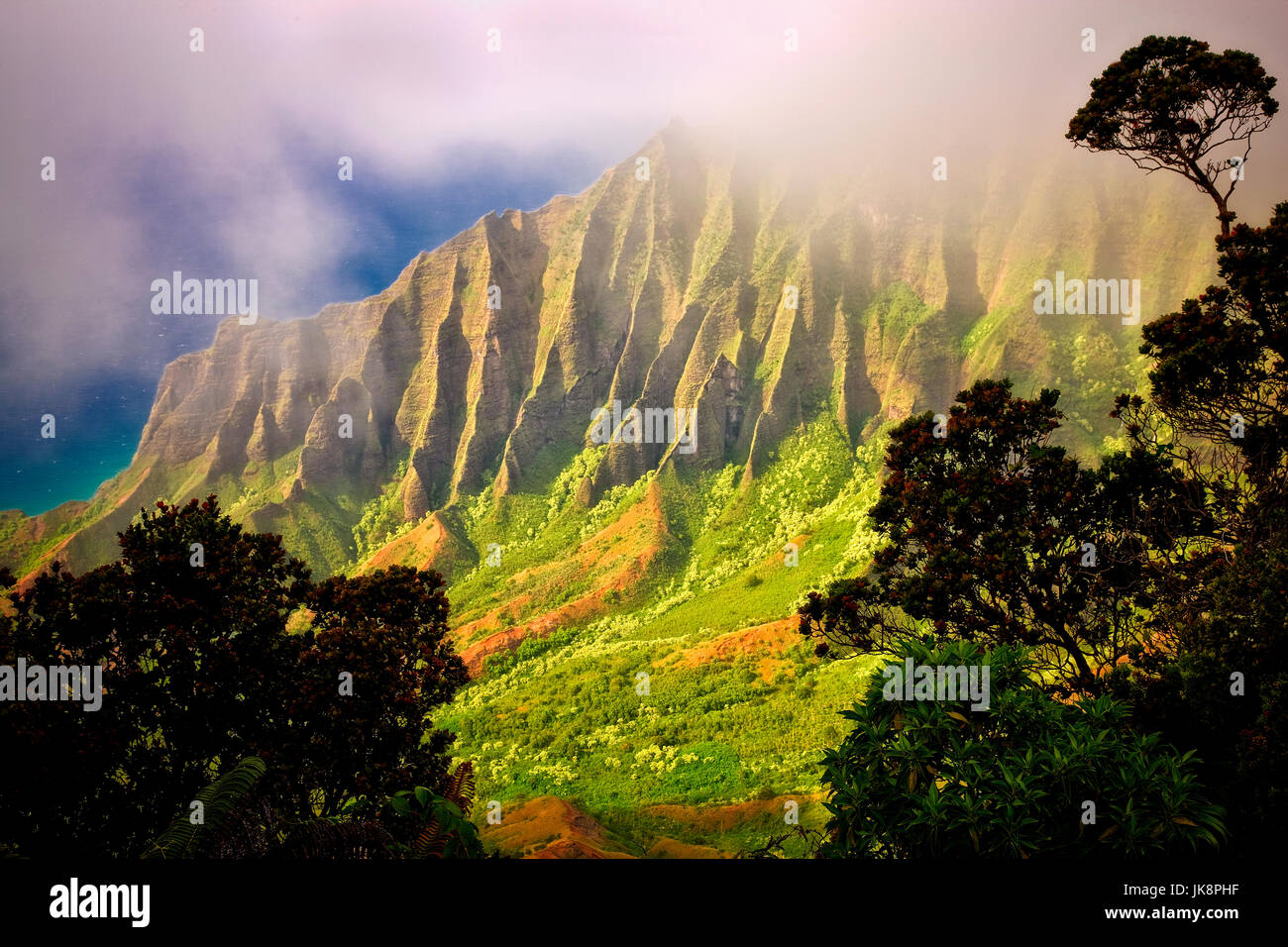 Kalalau Valley with fog. Koke'e State Park. Waimea Canyon. Kauai, Hawaii Stock Photo