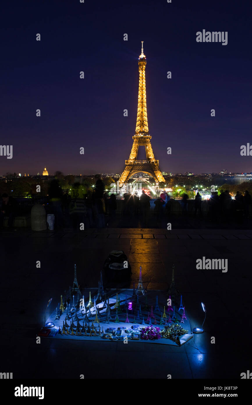 France, Paris, Eiffel Tower, dusk with souvenirs Stock Photo