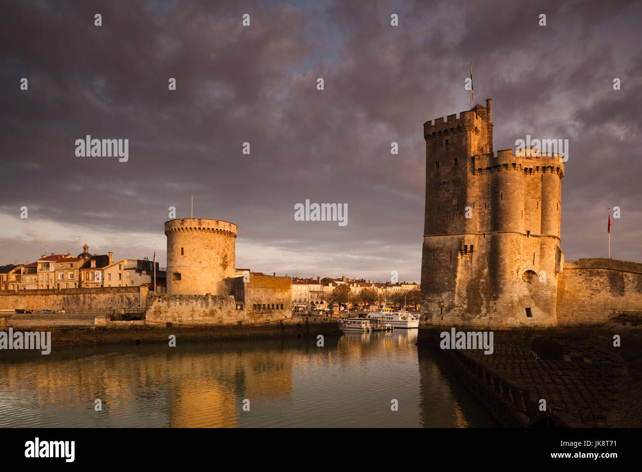 France, Poitou-Charentes Region, Charente-Maritime Department, La Rochelle,Old Port, Tour de la Chaine and Tour St-Nicholas towers, dawn Stock Photo