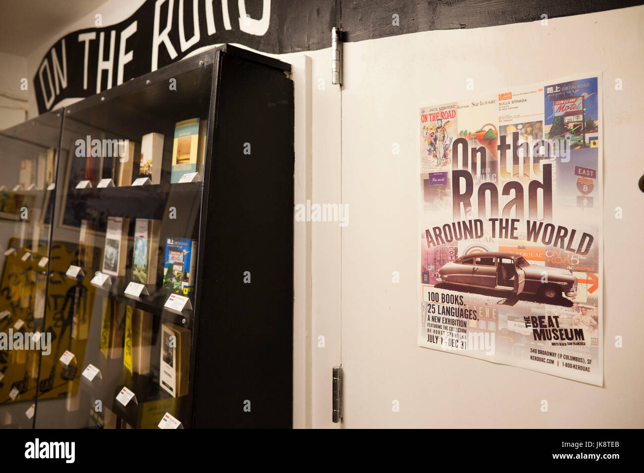 USA, California, San Francisco, North Beach, The Beat Museum, honoring mid-20th century American poets and writers of the Beat movement, display of Jack Kerouac's book 'On the Road', printed in many languages Stock Photo