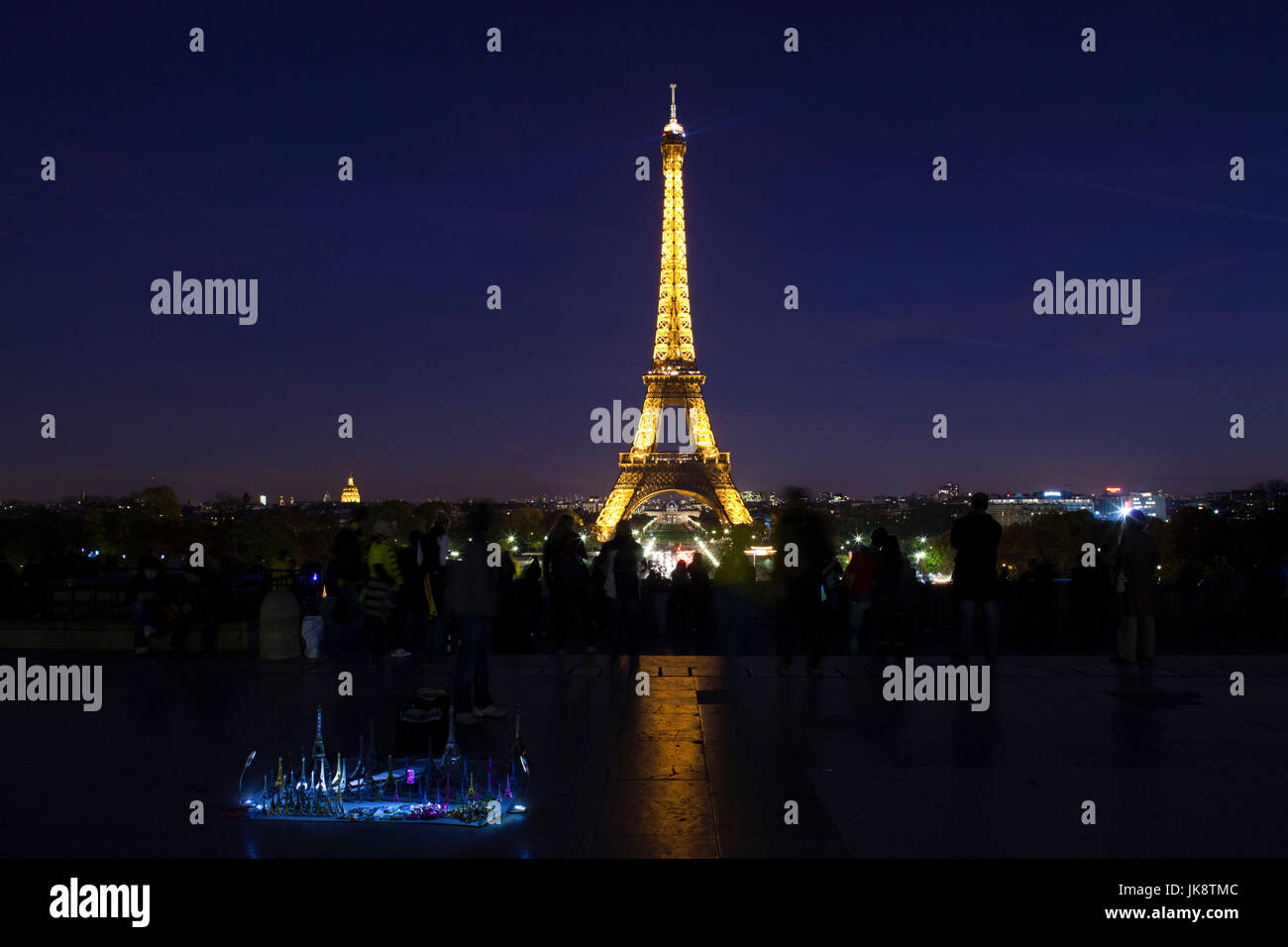 France, Paris, Eiffel Tower, dusk with souvenirs Stock Photo