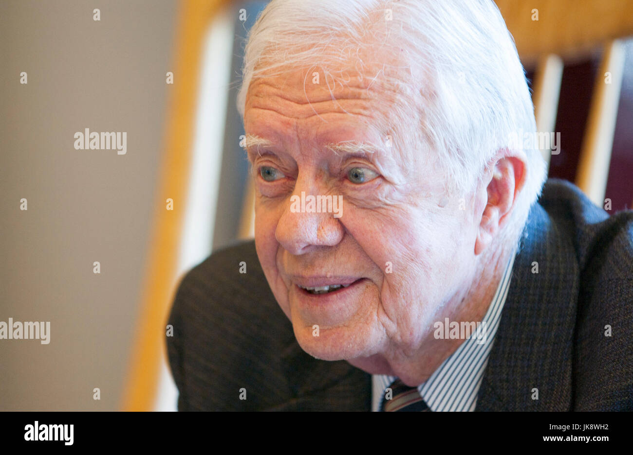 Former US President Jimmy Carter in an animated conversation in his office at The Carter Center in Atlanta, Georgia. James Earl "Jimmy" Carter Jr. is an American politician who served as the 39th President of the United States from 1977 to 1981. He previously was the 76th governor of Georgia from 1971 to 1975, after two terms in the Georgia State Senate from 1963 to 1967. Stock Photo